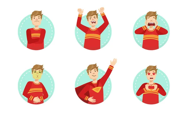 Junger Mann zeigt verschiedene Emotionen gesetzt, männliche Emoji-Zeichen mit verschiedenen Ausdrücken Vektorillustration — Stockvektor