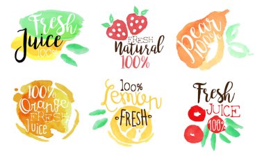 Taze Doğal Meyve Suyu Etiketler Seti, Portakal, Limon, Armut Suyu Parlak Rozetler El Çizilmiş Suluboya Vektör İllüstrasyon