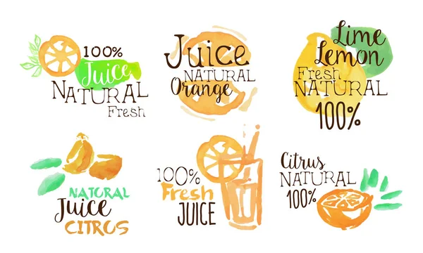 Fresh Natural Citrus Juice Labels Set, Orange, Lime, Lemon Juice Badges Hand Drawn Watercolor Vector Illustration — Stock Vector
