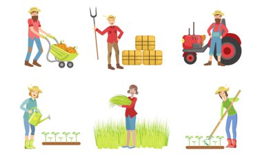 Çiftlik ve Bahçe Seti Üzerinde Çalışan Kişiler, Erkek ve Dişi Çiftçilerin Karakterleri Hasat, Sulama Tesisleri, Traktör Vektör İllüstrasyonu Üzerinde Çalışma