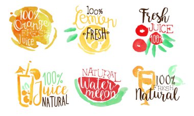 Taze Doğal Meyve Suyu Etiketler Seti, Portakal, Limon, Karpuz Suyu Parlak Rozetler El Çizilmiş Suluboya Vektör İllüstrasyon