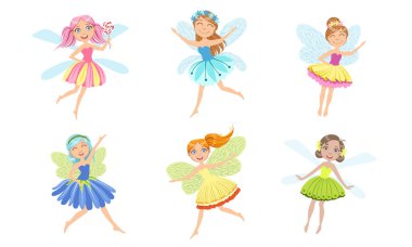 Adorable Happy Little Fairyies Set, Fairy veya Elf Kostümleri Vektör İllüstrasyon Güzel Kızlar Gülümseyen