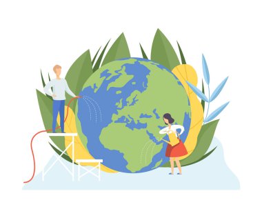 İnsanlar Sulama Can ve Hortum ile Earth Planet Sulama, Gönüllüler Planet Ekoloji, Çevre, Doğa Koruma Düz Vektör İllüstrasyon Hakkında Bakım