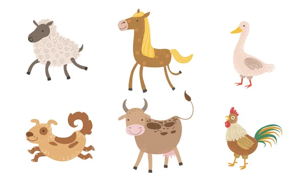 可爱的农场动物集， 羊， 鹅， 马， 狗， 牛， 公鸡矢量插图 — 图库矢量图片