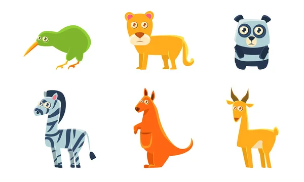 Collection of Cute Exotic Animals and Birds, Kiwi Bird, Lion, Panda, Zebra, Kangaroo, Antelope Vector Illustration