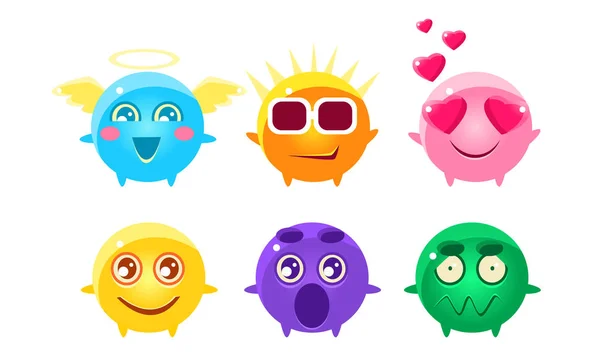 Juego de personajes de dibujos animados coloridos bolas brillantes, Monstruos fantásticos divertidos lindos con varias emociones Vector Ilustración — Vector de stock