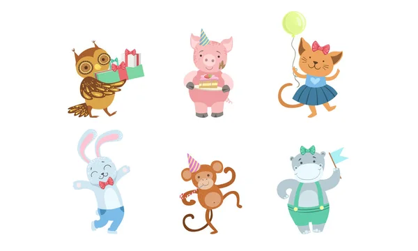 Симпатичные Happy Anime for Happy Birthday Design, Bunny, Monkey, Hippo, Owlet, Pig, Cat Vector — стоковый вектор