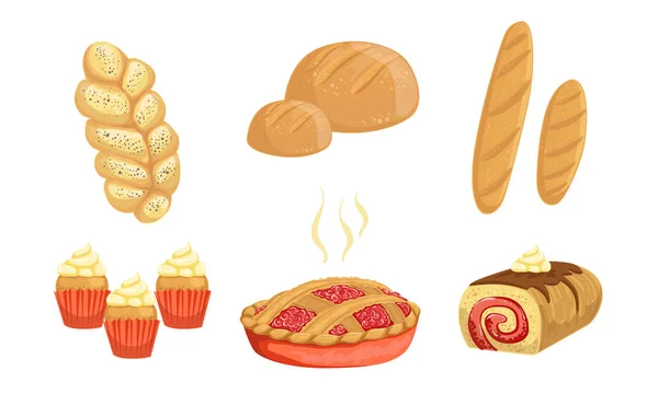 Bakery Products Set, Bread, Loaf, Hala, Cupcake, Pie, Roll Vector Illustration — Stock Vector