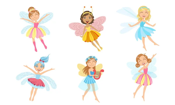 Pequenas fadas bonitas em vestidos coloridos com Wings Set, meninas bonitas em trajes de fadas ou elfos ilustração vetorial — Vetor de Stock