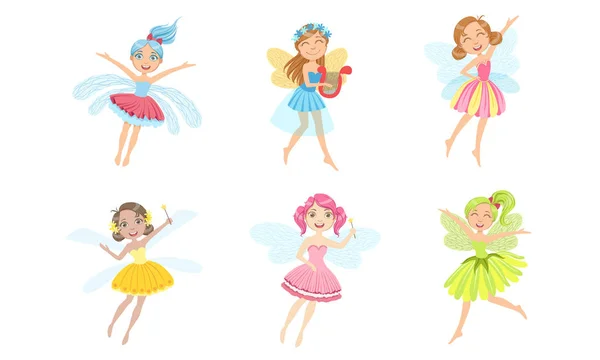 Conjunto de pequenas fadas felizes adoráveis, meninas bonitas sorridentes em fadas coloridas ou fantasias de elfo ilustração vetorial — Vetor de Stock