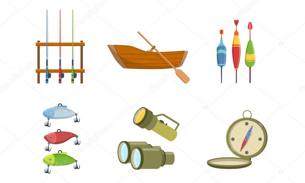 Fishing Sport Equipment Set, Fishing Rod, Wooden Boat, Tackle, Compass, Flashlight, Binoculars Vector Illustration