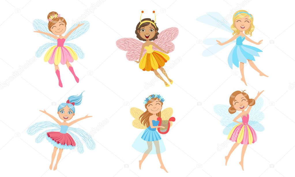 Cute Little Fairies in Colorful Dresses with Wings Set, Beautiful Girls in Fairy or Elf Costumes Vector Illustration