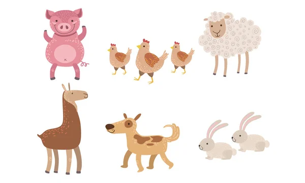 Rozkošná hospodářská zvířata set, prase, ovce, husy, králík, Alpaca, vektorová ilustrace — Stockový vektor