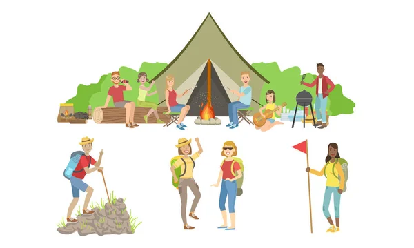 Personnages de personnes ayant ensemble de pique-nique et de randonnée en plein air, voyageurs heureux en vacances d'été Illustration vectorielle — Image vectorielle