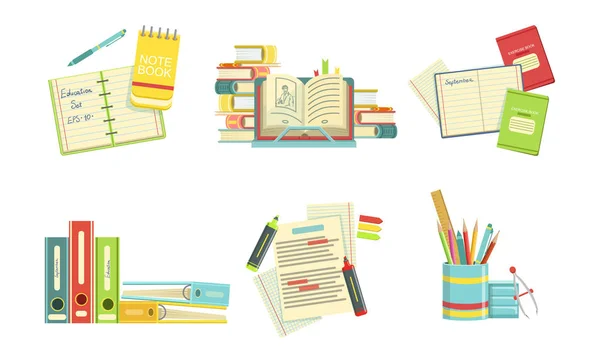 Conjunto de materiais escolares, Copybook, livros didáticos, pastas, marcadores, Back to School Concept Vector Illustration — Vetor de Stock