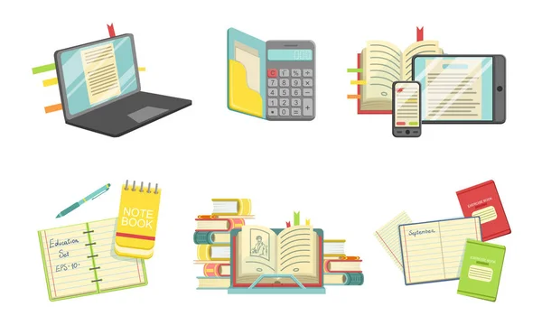 Conjunto de materiais escolares, Computador portátil, Copybook, livros didáticos, calculadora, Smartphone, Tablet Pc, Back to School Concept Vector Illustration — Vetor de Stock