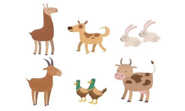 Niedlichen Bauernhof Tiere Set, Kaninchen, Alpaka, Hund, Ziege, Ente, Kuh Vektor Illustration — Stockvektor
