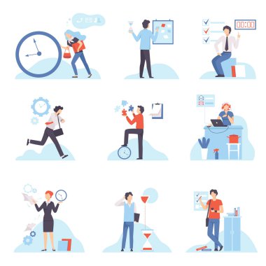 İşadamları Çalışma Zamanlarını Planlama, Çalışma Zamanının Organizasyonu ve Kontrolü, Verimli Zaman Yönetimi İş Kavramı Düz Vektör İllüstrasyonu