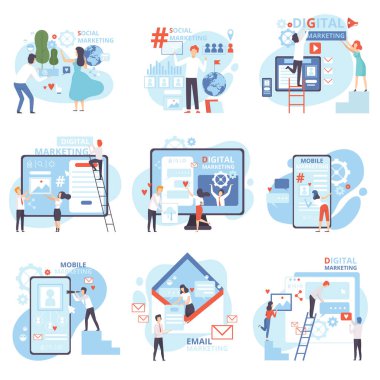 Sosyal, Mobil, E-posta, Tavsiye, Dijital Pazarlama Seti, Yönetim Stratejisi, İçerik Katılımı üzerinde Çalışan Kişiler, Promosyon, İnternet Reklamcılığı, İş Yazılımı Düz Vektör İllüstrasyonu