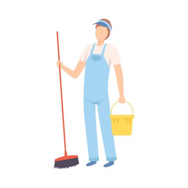 Erkek Profesyonel Temizleyici Kova ve Süpürge ile Ayakta, Temizlik Şirketi Personel Karakter Ekipman Düz Vektör İllüstrasyon ile Üniforma giymiş