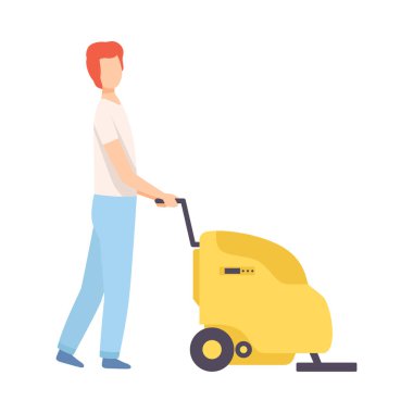 Çamaşır Makinesi Temizleme ve Parlatma Zemin ile Erkek Profesyonel Temizleyici, Temizlik Şirketi Personel Karakteri Ekipman Düz Vektör İllüstrasyon ile Üniforma giymiş