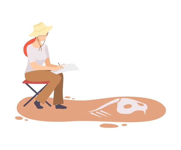 Female Archaeologist Researching and Describing Bones of Prehistoric Animal, Scientist Character Working on Excavations with Historical Artifacts Flat Vector Illustration — Stock Vector