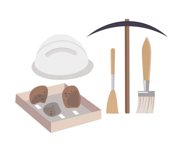 Herramientas Arqueológicas de Excavación y Fósiles Prehistóricos, Pickaxe, Brush, Cerámica Crocks Flat Vector Illustration — Archivo Imágenes Vectoriales