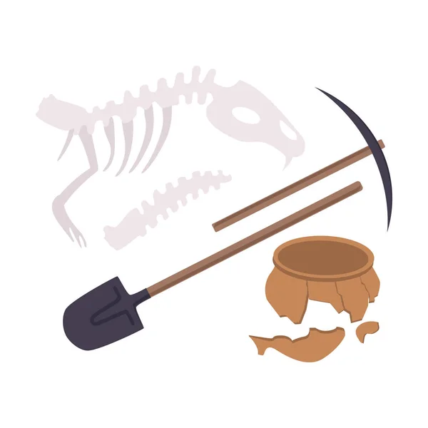 Régészeti feltárás eszközök és őskori fosszíliák, Pickaxe, shove, Animal csontváz, kerámia Crocks Flat Vector illusztráció — Stock Vector