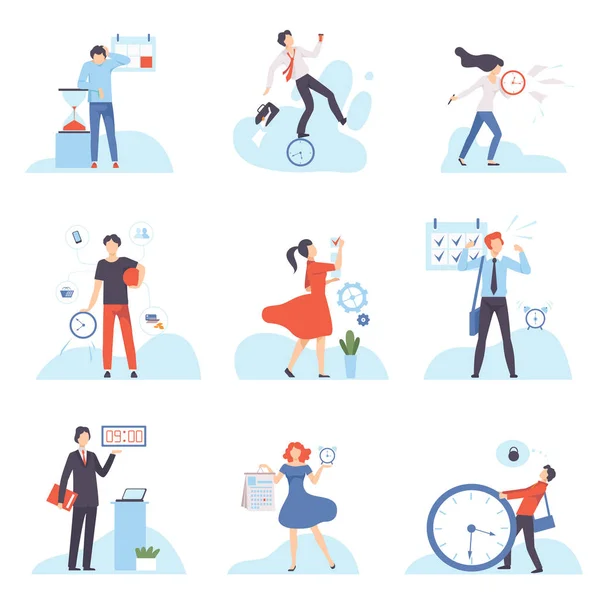 Les entreprises planifient, contrôlent et gèrent leur temps de travail Ensemble, organisation et contrôle du temps de travail, gestion efficace du temps Concept d'entreprise Illustration vectorielle plate — Image vectorielle