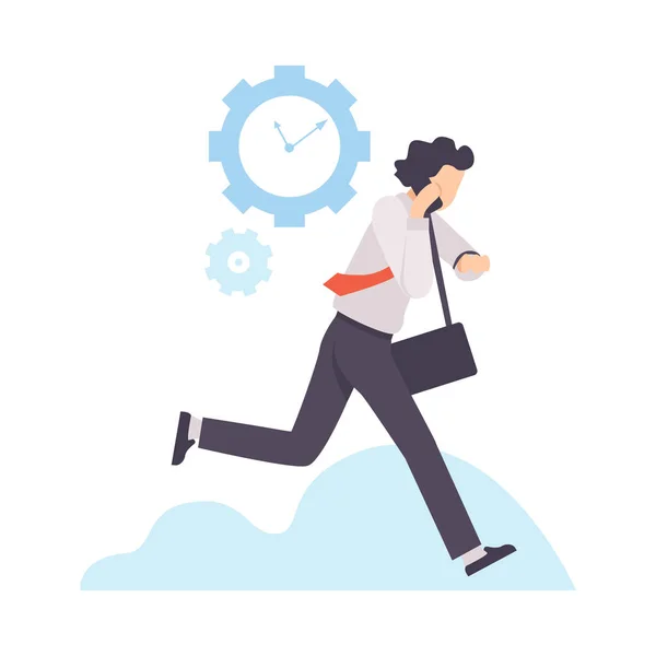 Businessman Running to Work With Briefcase, Organization and Control of Working Time, Efficient Time Management Business Concept Flat Vector Illustration — Stock Vector
