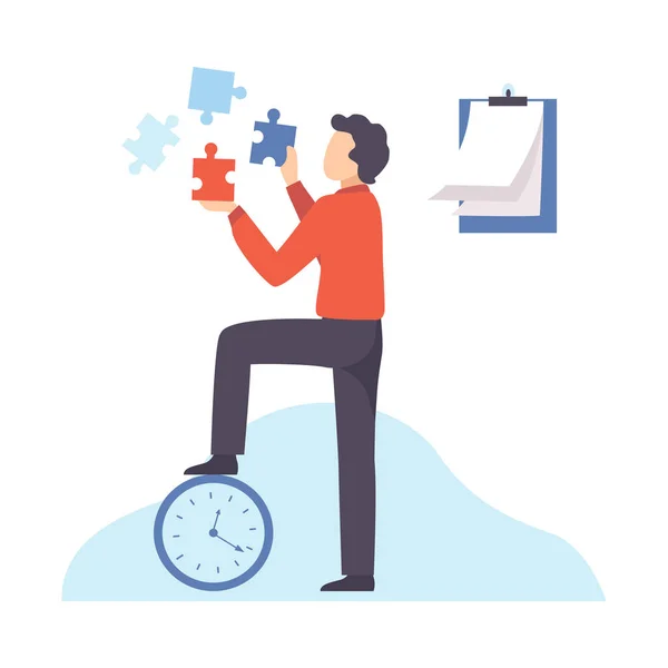 Business man Collegamento Puzzle Elementi, Organizzazione e controllo dell'orario di lavoro, Gestione efficiente del tempo Business Concept Flat Vector Illustrazione — Vettoriale Stock