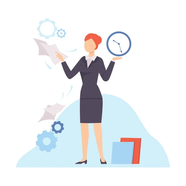Affärskvinna planera och kontrollera sin arbetstid, fördelning av prioritet för uppgifter, strategisk planering, deadline och tidsplanering Business Concept platt vektor illustration — Stock vektor