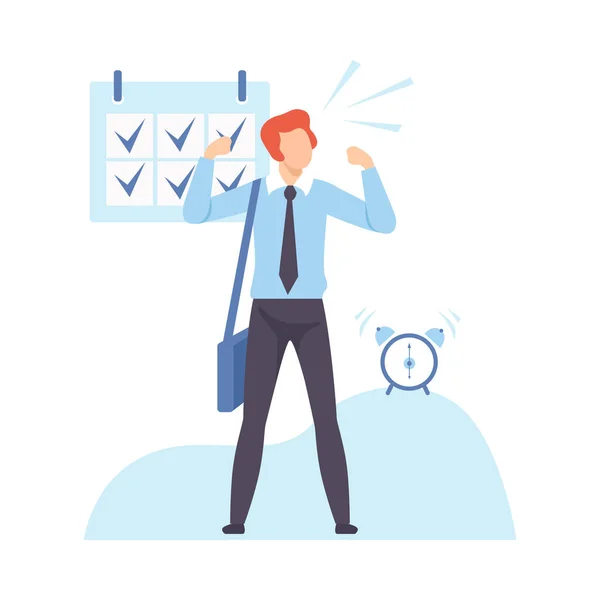 Businessman Planning His Personal Schedule or Timetable, Organization and Control of Working Time, Efficient Time Management Business Concept Flat Vector Illustration (dalam bahasa Inggris). - Stok Vektor