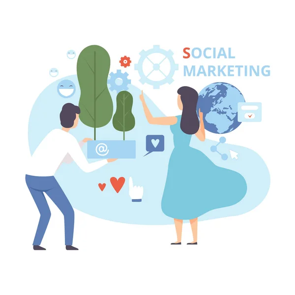 Dolgozók tartalom elkötelezettség, Social Media Marketing, hálózati üzleti stratégia, online Promotion lapos Vector illusztráció — Stock Vector