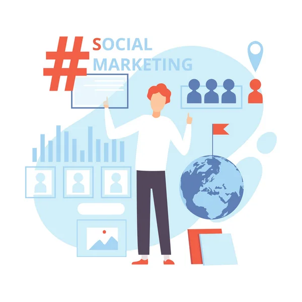 Social Media Marketing, zakenman werken aan content engagement, netwerk bedrijfsstrategie, online promotie platte vector illustratie — Stockvector