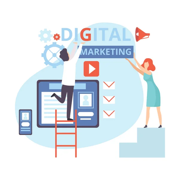 Digital Marketing, Persone che lavorano sull'analisi aziendale, Contenuto e strategia di gestione, Lavoro di squadra Flat Vector Illustrazione — Vettoriale Stock