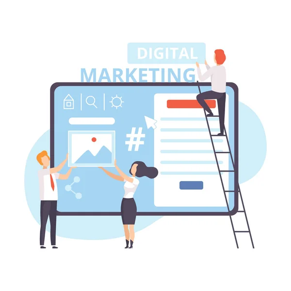 Marketing Digital, Empresarios Trabajando en Análisis Empresarial, Estrategia de Contenidos y Gestión, Trabajo en Equipo Ilustración de Vectores Planos — Vector de stock