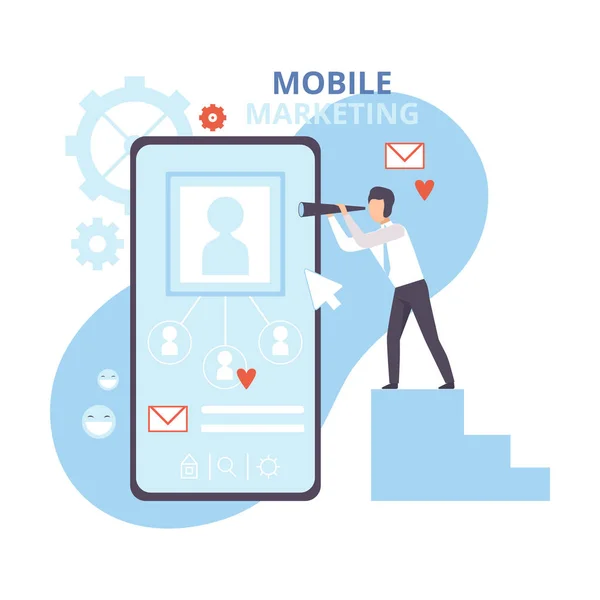 Mobile Marketing e personalizzazione, Pubblicità su Internet, Promozione, Business Software Flat Vector Illustrazione — Vettoriale Stock