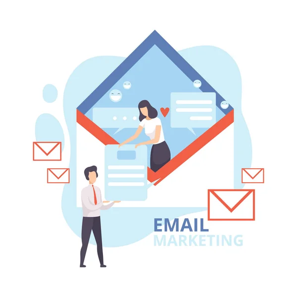 Μάρκετινγκ μέσω email, διαφημιστική καμπάνια, μάρκετινγκ ενημερωτικού δελτίου, προσεγγίζοντας το στοχευόμενο κοινό με μηνύματα ηλεκτρονικού ταχυδρομείου επίπεδη απεικόνιση — Διανυσματικό Αρχείο