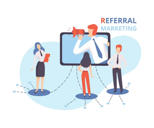 Referral Marketing, Businessman Shouting in Megaphone, Referral Program Strategy, Refer a Friend, Business Partnership, Blogging Promotion Services Flat Vector Illustration — Stock Vector