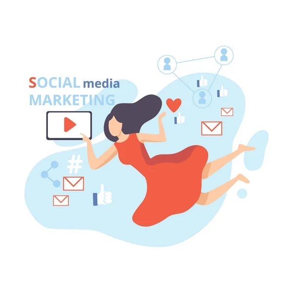 Social Media Marketing, fiatal nő munka tartalmi elkötelezettség, hálózati üzleti stratégia, online Promotion lapos Vector illusztráció — Stock Vector