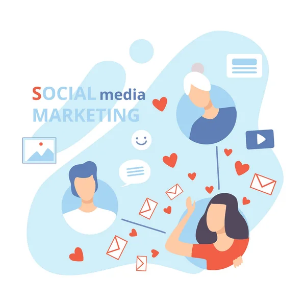 Social Media Marketing, üzleti karakterek szociális kommunikáció, hálózati üzleti stratégia, online Promotion lapos Vector illusztráció — Stock Vector