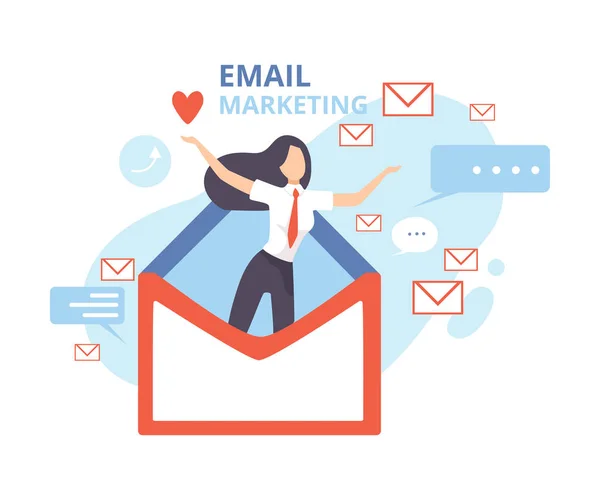 E-mail marketing, reclamecampagne, Contern eaching doelgroep met E-mails platte vector illustratie — Stockvector
