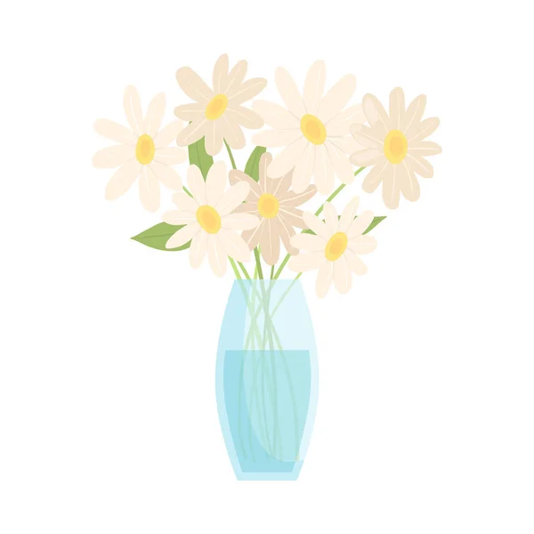 Beautiful Chamomile Flowers in Glass Vase, Bouquet of Blooming Flowers for Interior Decoration Vector Illustration — Stock Vector