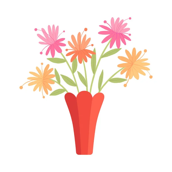 Schöne Gartenblumen in roter Vase, Blumenstrauß für die Innendekoration Vektor Illustration — Stockvektor