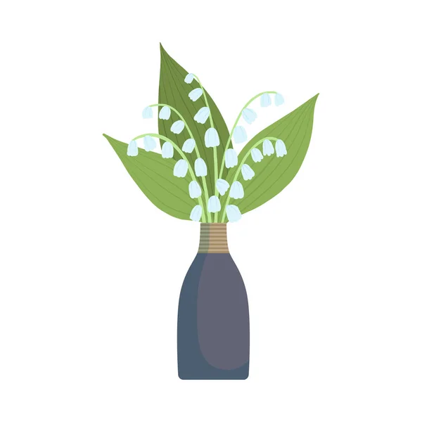 Mooie lelie van de vallei bloemen in de vaas, boeket van bloeiende bloemen voor interieur decoratie vector illustratie — Stockvector