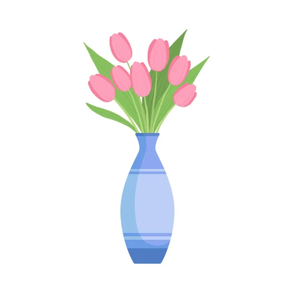 花瓶の美しいピンクのチューリップの花、インテリア装飾ベクトルイラストのための咲く花の花束 — ストックベクタ