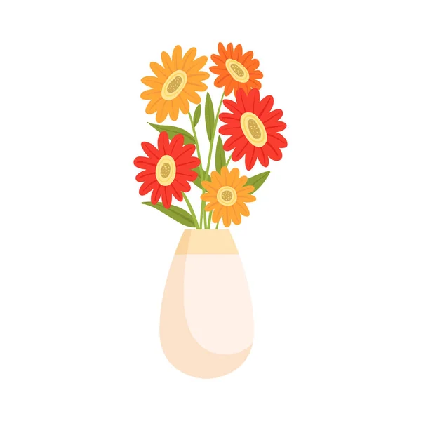 Schöne Gerbera-Blumen in Keramikvase, Blumenstrauß für die Innendekoration Vektor Illustration — Stockvektor