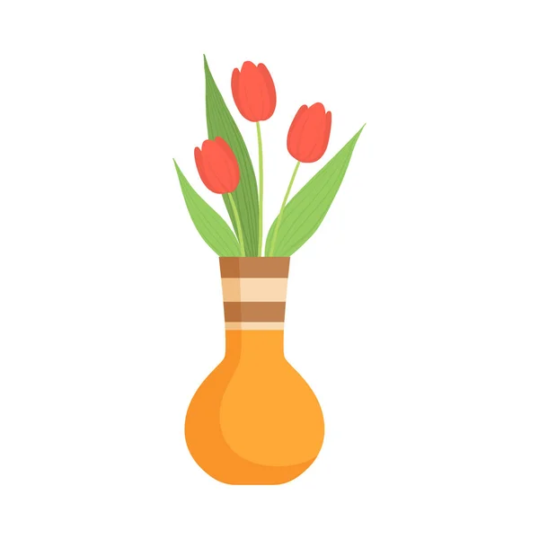 Lindas flores vermelhas da tulipa em vaso de cerâmica, buquê de flores florescentes para decoração de interiores Vector Ilustração — Vetor de Stock