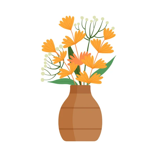 粘土の花瓶の美しいオレンジ色の花、インテリア装飾ベクトルイラストのための咲く花の花束 — ストックベクタ